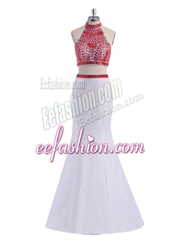  White Two Pieces Satin Halter Top Sleeveless Beading Floor Length Criss Cross Prom Dress