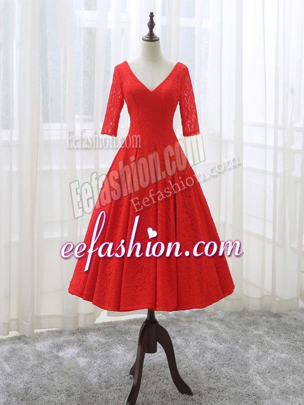 Attractive Tea Length Red Homecoming Dress Lace Half Sleeves Lace and Appliques