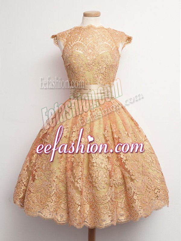 Fashion Gold Cap Sleeves Knee Length Belt Lace Up Bridesmaid Gown