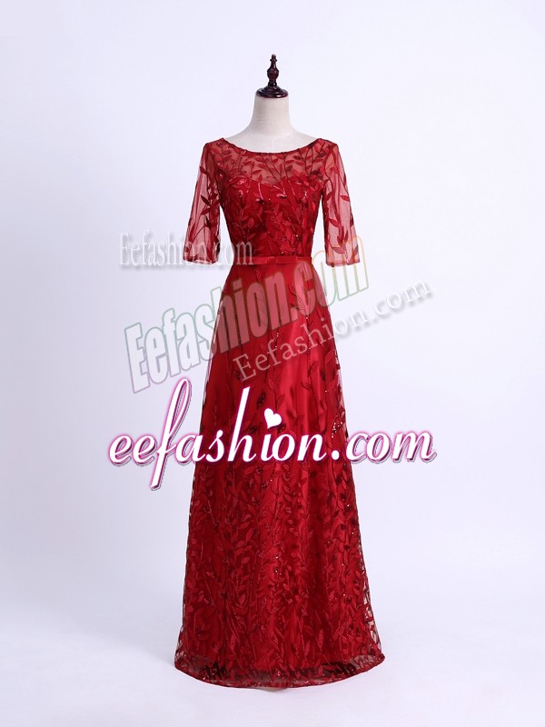 Latest Red Half Sleeves Tulle Lace Up Mother Of The Bride Dress for Prom and Party and Military Ball and Sweet 16