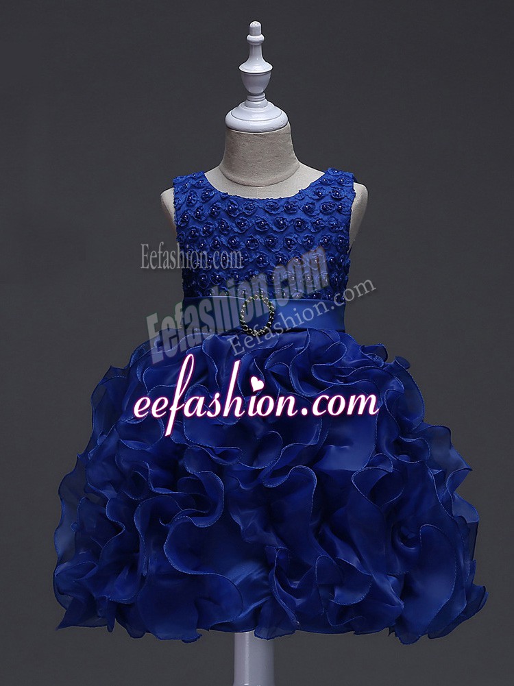Stunning Ruffles and Belt Little Girls Pageant Dress Wholesale Royal Blue Lace Up Sleeveless Knee Length