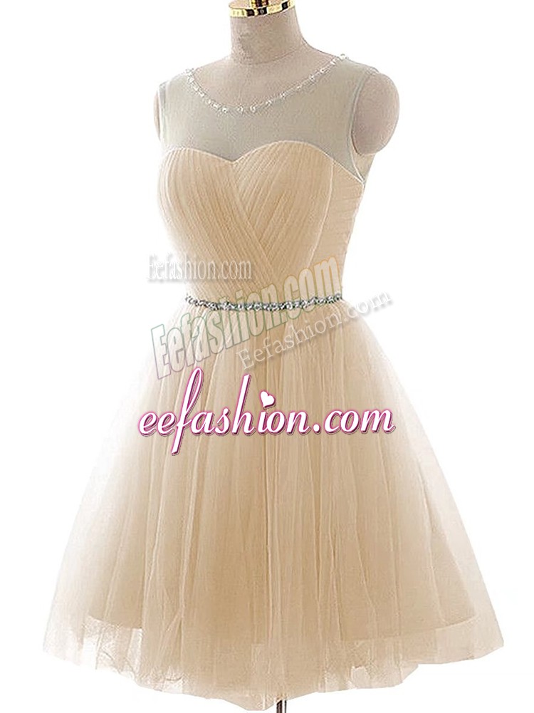  Champagne Scoop Neckline Beading and Ruching Prom Dresses Sleeveless Lace Up