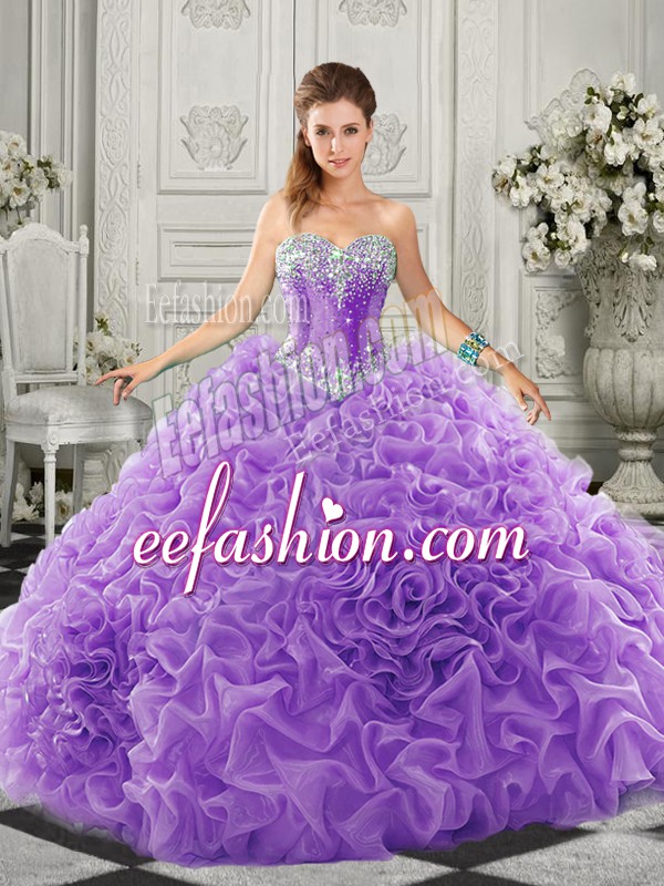 Stunning Lace Up Ball Gown Prom Dress Lavender for Military Ball and Sweet 16 and Quinceanera with Beading and Ruffles Court Train