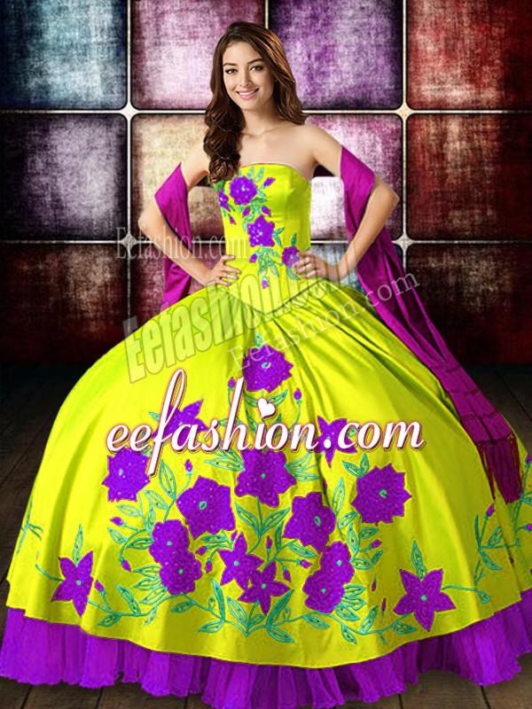 Excellent Floor Length Yellow Green 15 Quinceanera Dress Taffeta Sleeveless Embroidery