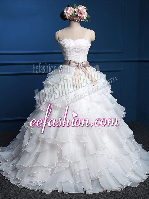  Lace and Ruffles Bridal Gown White Lace Up Sleeveless Floor Length