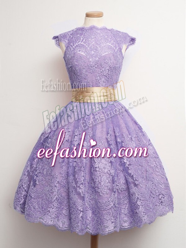 Pretty Cap Sleeves Lace Knee Length Lace Up Quinceanera Court of Honor Dress in Lavender with Belt