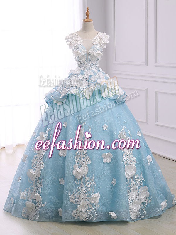 Most Popular Light Blue Organza Lace Up Scoop Sleeveless Sweet 16 Dress Court Train Appliques