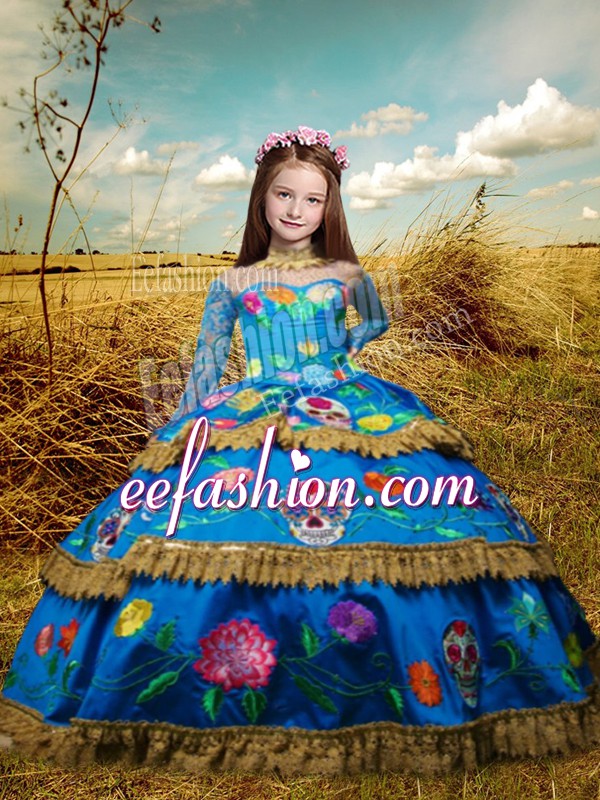 Excellent High-neck Long Sleeves Taffeta Little Girls Pageant Dress Embroidery Lace Up