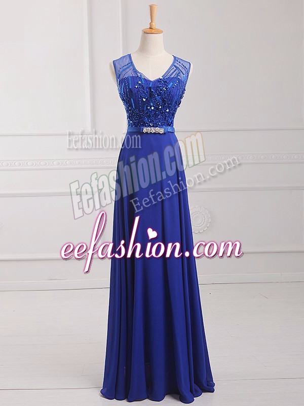 Superior Royal Blue Zipper Prom Gown Beading and Belt Sleeveless Floor Length