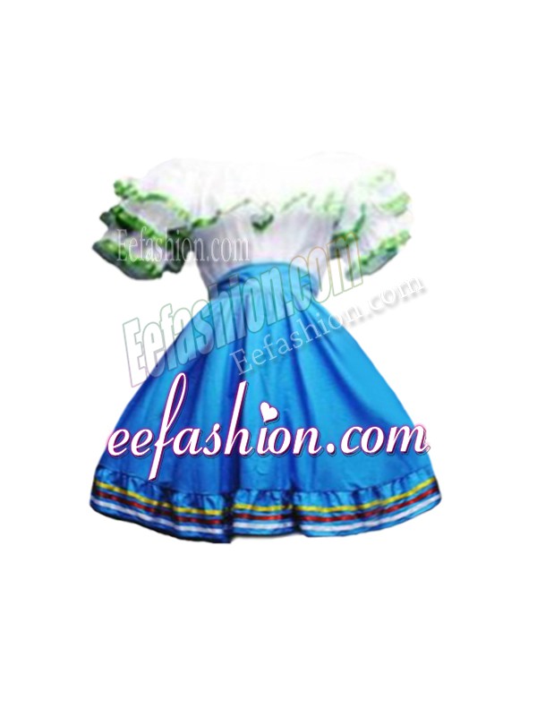  Blue And White Short Sleeves Ruffles Mini Length Prom Gown