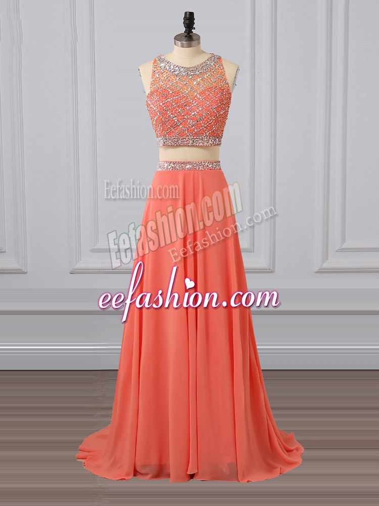  Two Pieces Sleeveless Watermelon Red Dress for Prom Brush Train Zipper