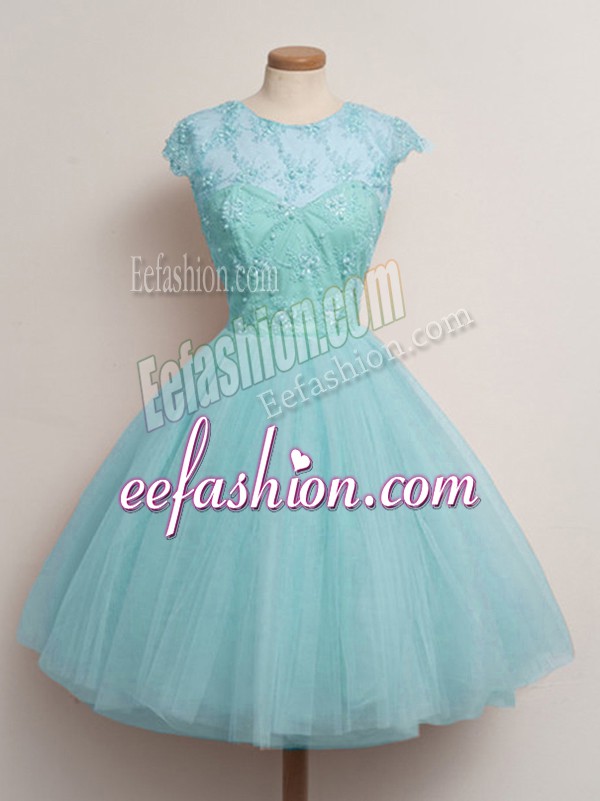 Dynamic Aqua Blue Ball Gowns Tulle Scoop Cap Sleeves Lace Knee Length Lace Up Dama Dress