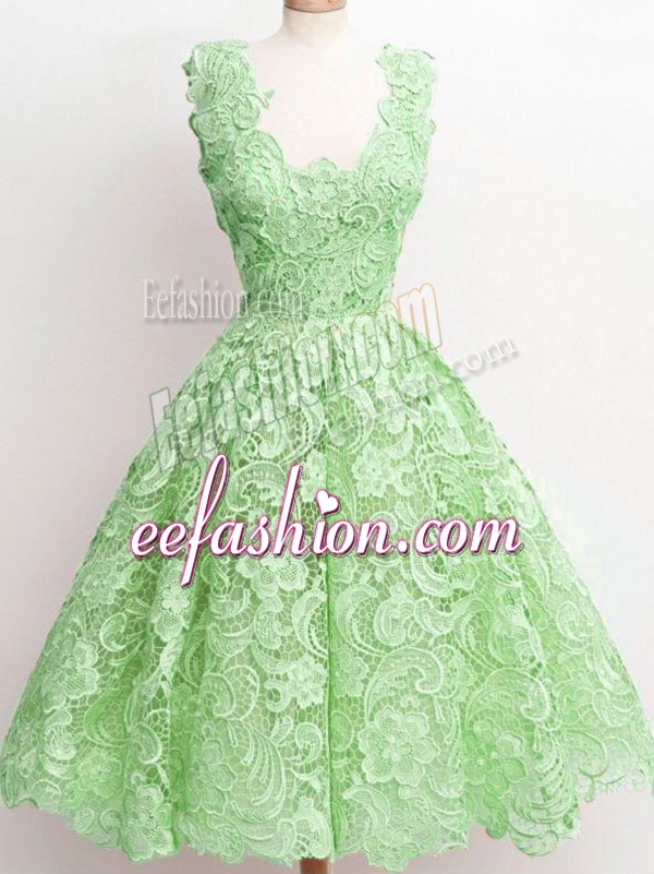 Custom Design Lace Sleeveless Knee Length Bridesmaid Dresses and Lace