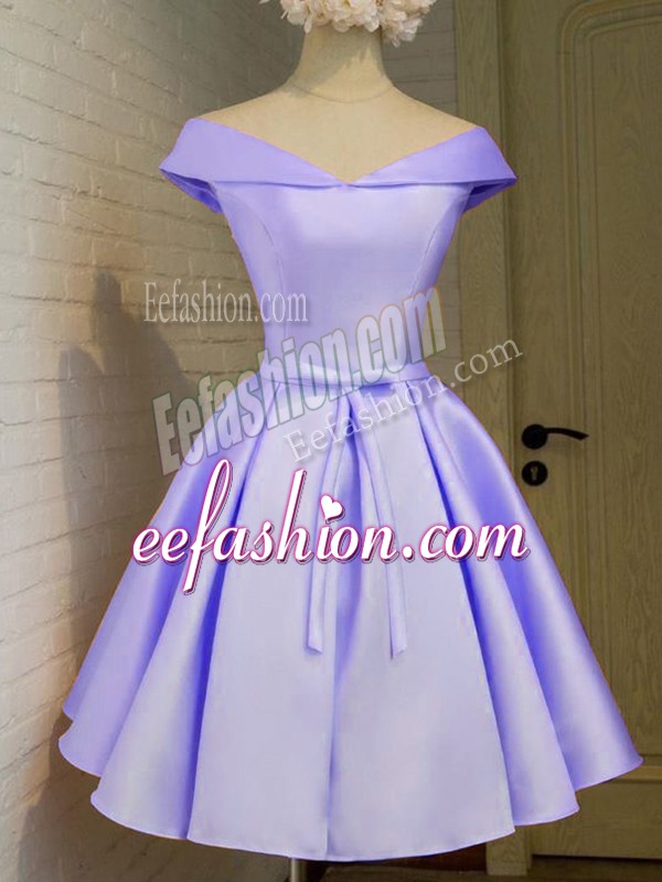 Vintage Lavender Off The Shoulder Neckline Belt Bridesmaid Dresses Cap Sleeves Lace Up