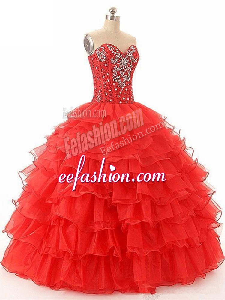Custom Design Red Organza Lace Up Ball Gown Prom Dress Sleeveless Floor Length Beading and Ruffled Layers