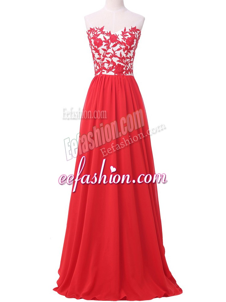 Hot Selling Sweetheart Sleeveless Evening Dress Lace and Appliques Red Chiffon