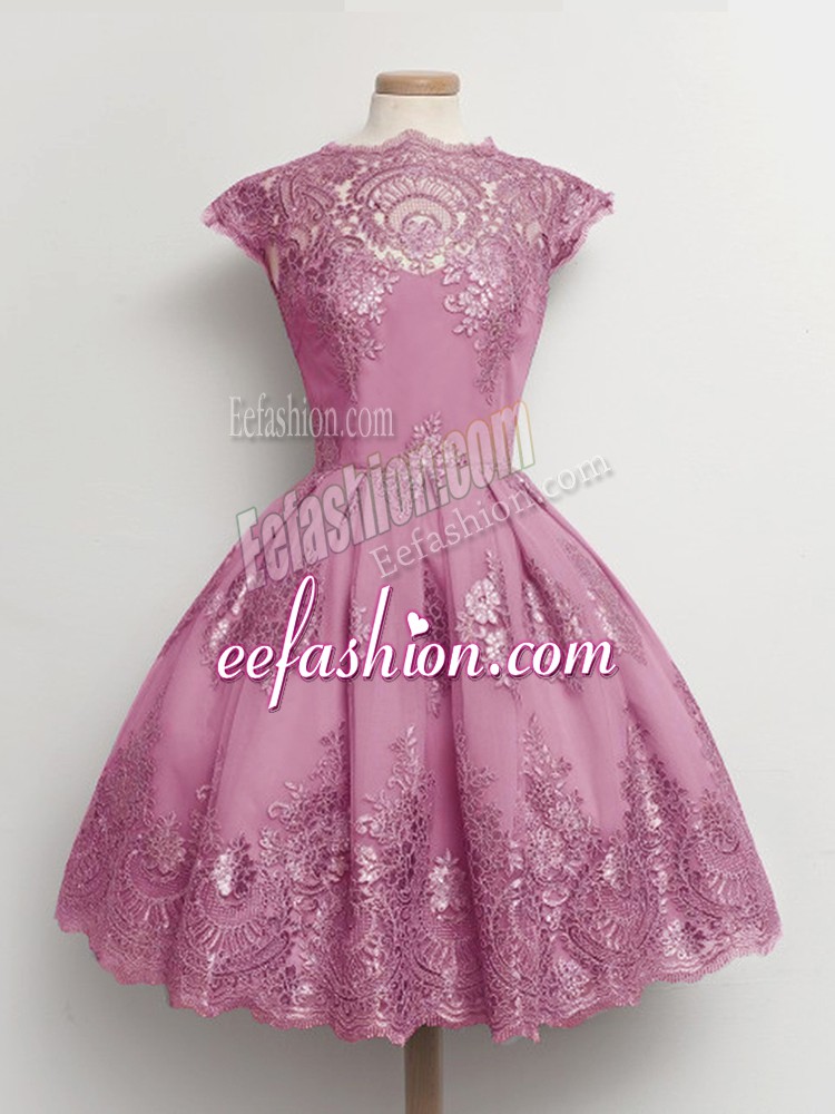 High End Lilac A-line Tulle Scalloped Cap Sleeves Lace Knee Length Lace Up Bridesmaid Gown