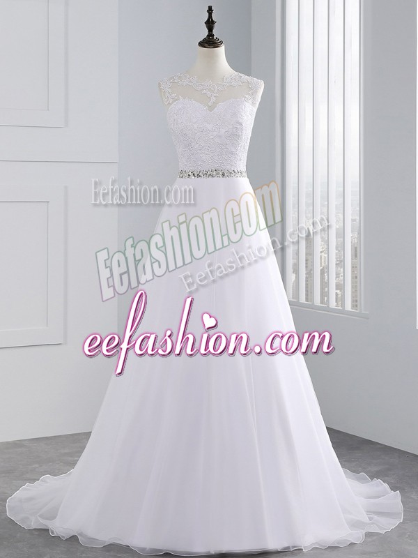 Artistic White Zipper Scalloped Beading and Lace Wedding Dresses Chiffon Sleeveless Brush Train