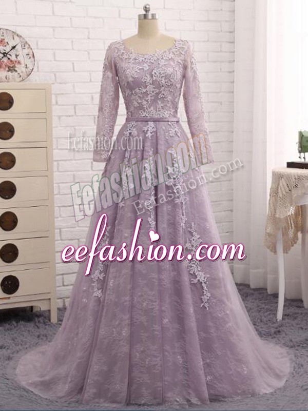 Popular Tulle Scoop Sleeveless Brush Train Zipper Beading and Appliques Mother Of The Bride Dress in Lavender