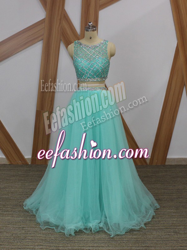 Dazzling Floor Length Side Zipper Prom Party Dress Apple Green for Prom and Party with Beading