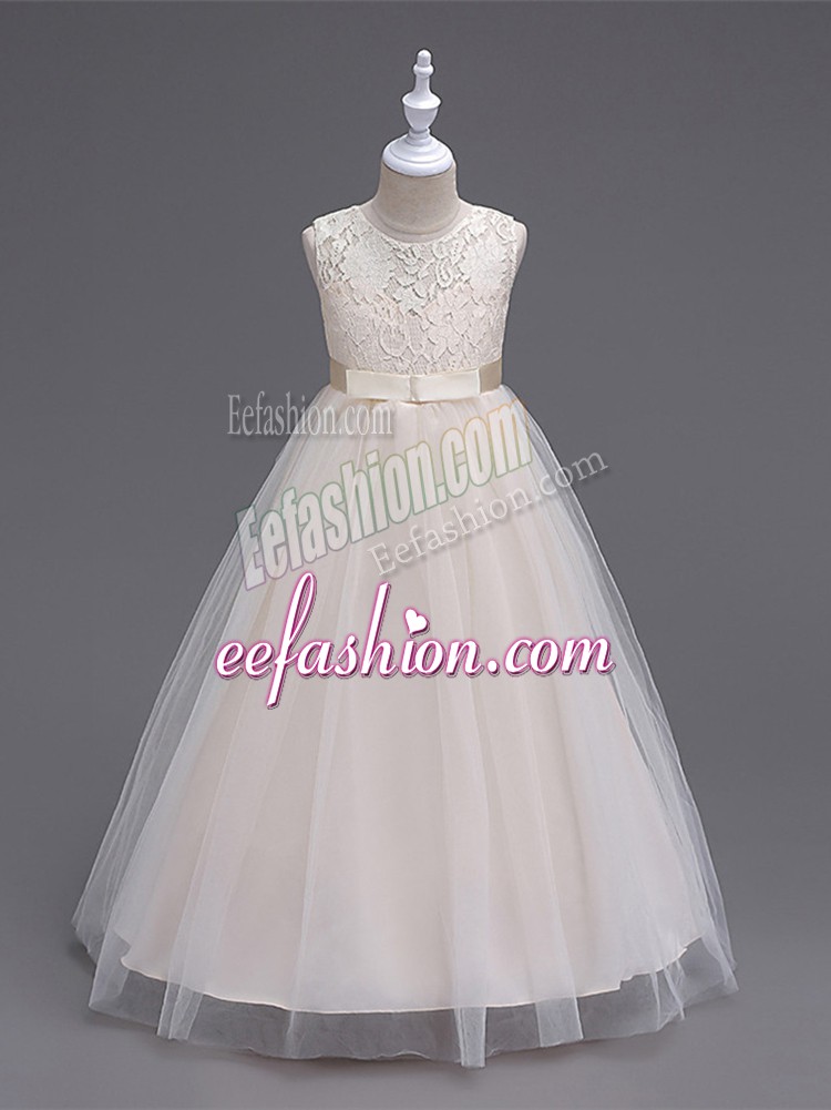 Stylish Scoop Sleeveless Girls Pageant Dresses Floor Length Lace Champagne Tulle