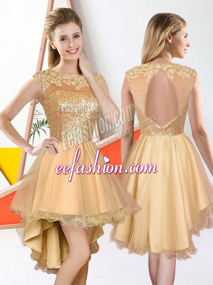  Organza Bateau Sleeveless Backless Beading and Lace Vestidos de Damas in Champagne