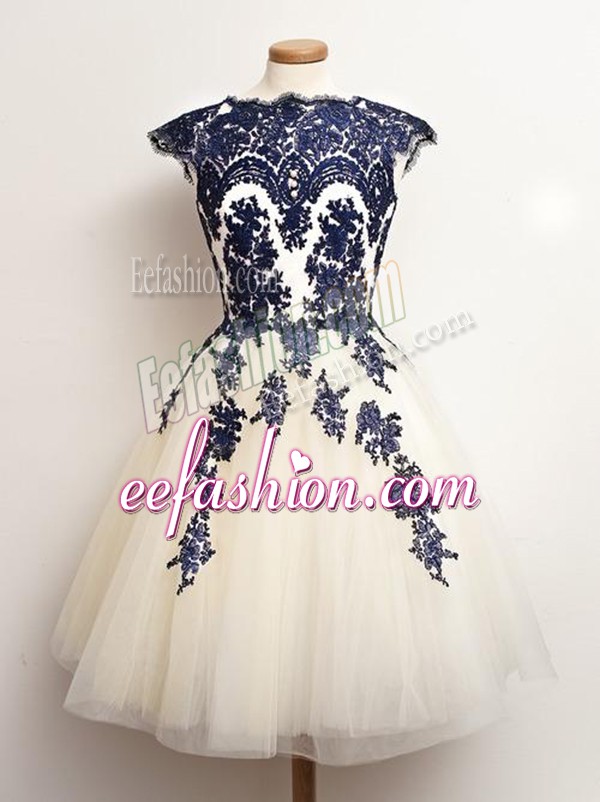Cute Mini Length Blue And White Dama Dress for Quinceanera Scalloped Sleeveless Lace Up
