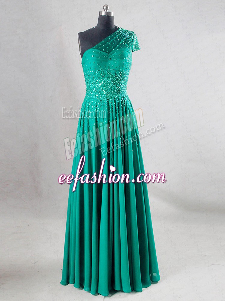 Charming Turquoise A-line Sweetheart Sleeveless Chiffon Floor Length Backless Beading and Pleated Homecoming Dress