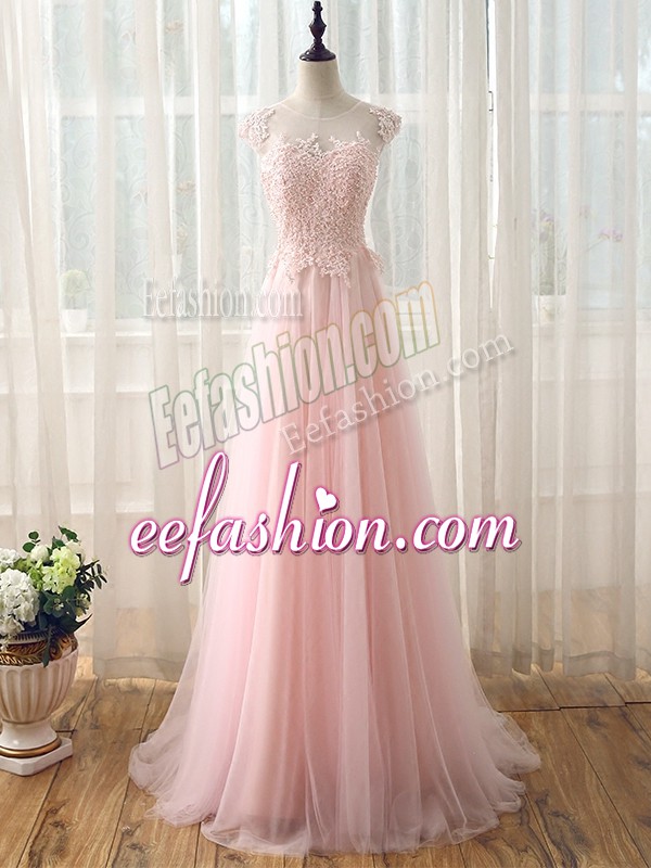 Luxury Scoop Cap Sleeves Bridesmaid Gown Brush Train Beading and Lace Baby Pink Tulle