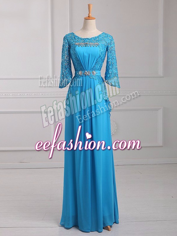  Baby Blue 3 4 Length Sleeve Floor Length Beading and Lace and Belt Zipper Mother Of The Bride Dress