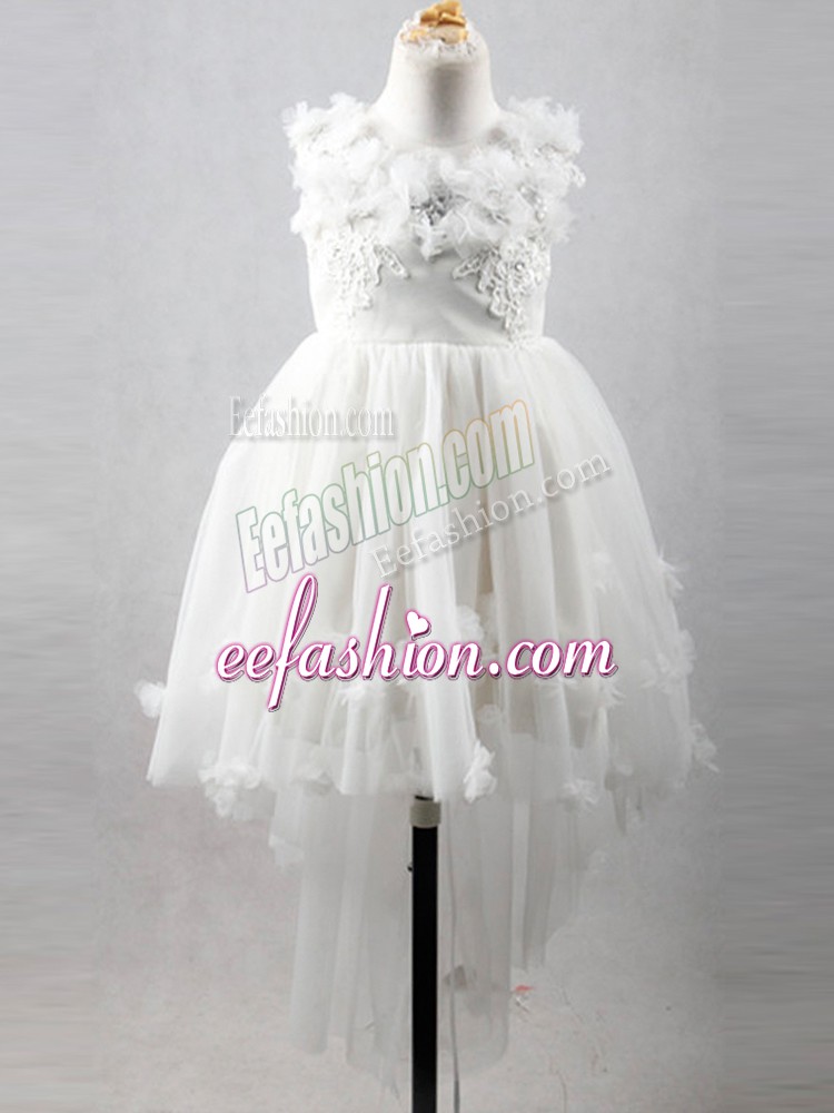 New Style White A-line Tulle Scoop Sleeveless Appliques High Low Lace Up Child Pageant Dress