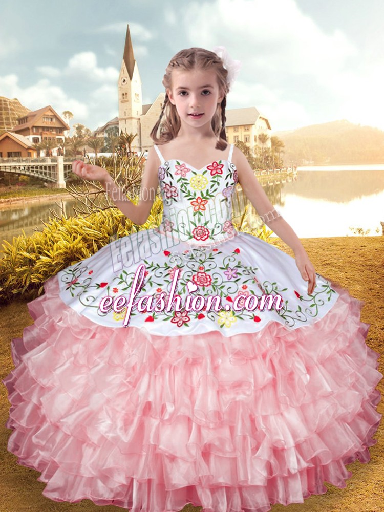 Customized Floor Length Ball Gowns Sleeveless Baby Pink Girls Pageant Dresses Lace Up