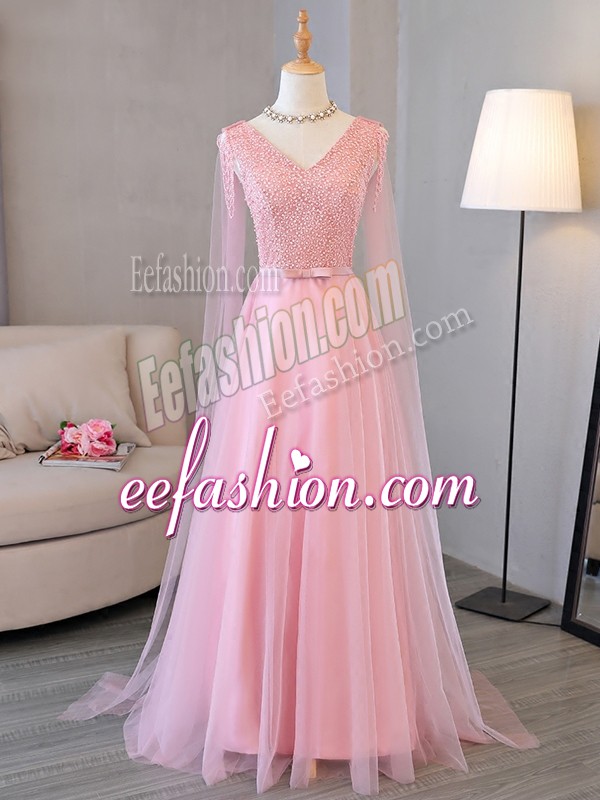  Long Sleeves Tulle Floor Length Lace Up Prom Dress in Baby Pink with Beading