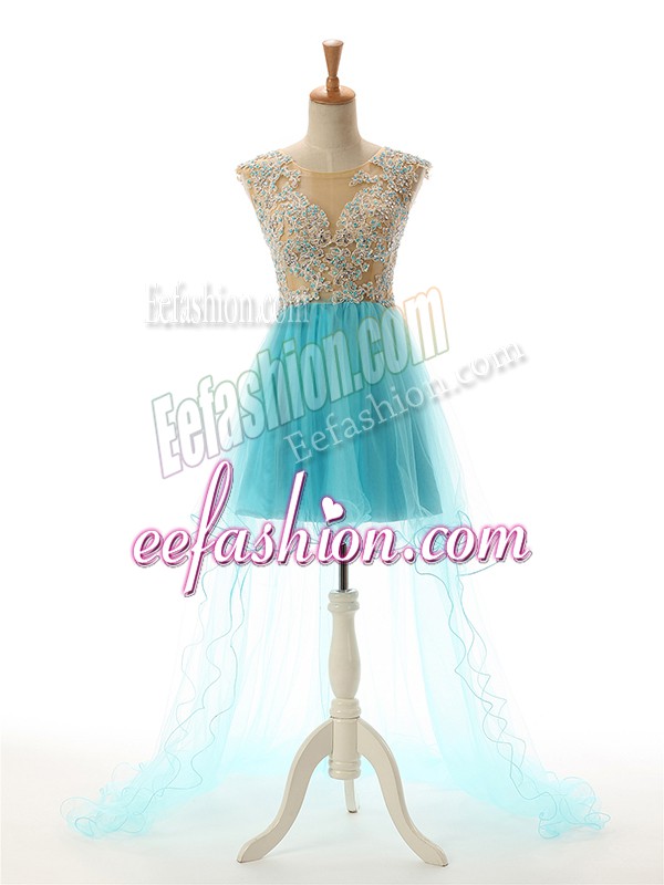  Scoop Sleeveless Backless Prom Dresses Aqua Blue Tulle