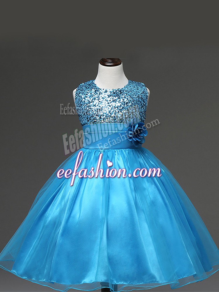 High End Baby Blue Ball Gowns Sequins and Hand Made Flower Little Girls Pageant Gowns Zipper Tulle Sleeveless Knee Length