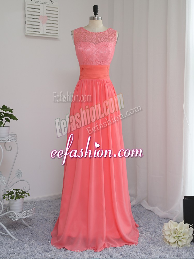 Noble Watermelon Red Zipper Bridesmaid Dresses Lace Sleeveless Floor Length