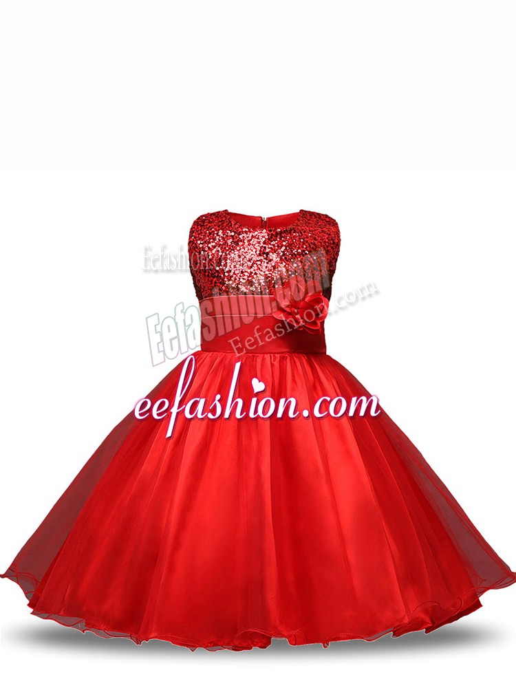  Red Ball Gowns Organza Scoop Sleeveless Sequins and Hand Made Flower Knee Length Zipper Child Pageant Dress