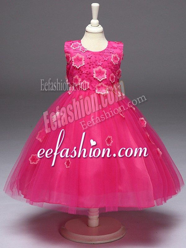 Knee Length Hot Pink Little Girls Pageant Dress Tulle Sleeveless Appliques and Bowknot