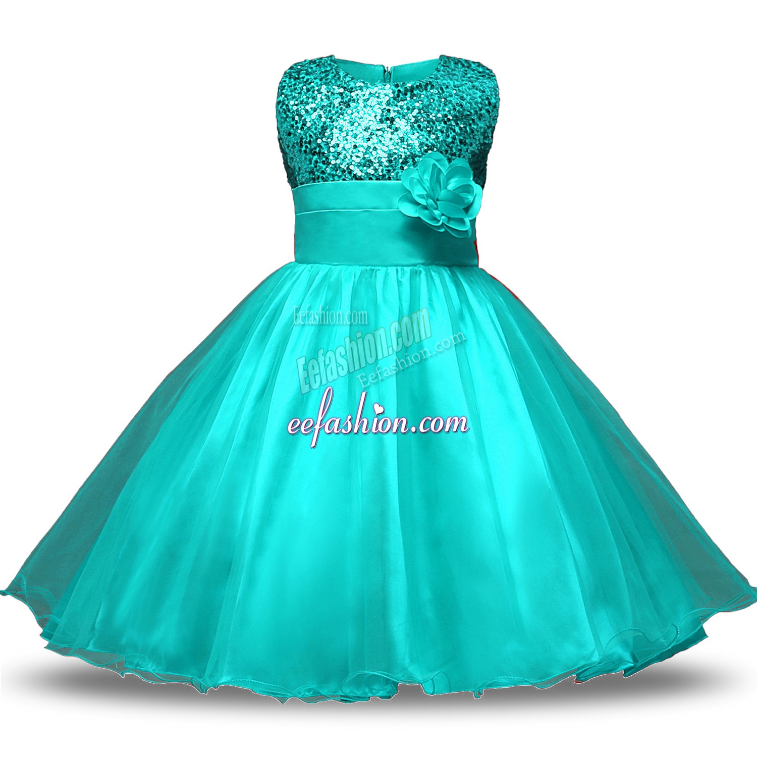  Sleeveless Knee Length Bowknot and Belt and Hand Made Flower Zipper Flower Girl Dresses for Less with Turquoise