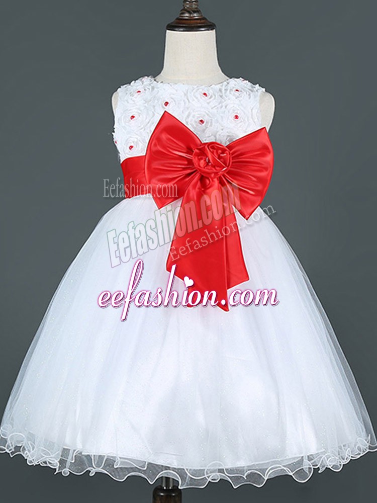 On Sale Knee Length Zipper Flower Girl Dress White for Wedding Party with Bowknot