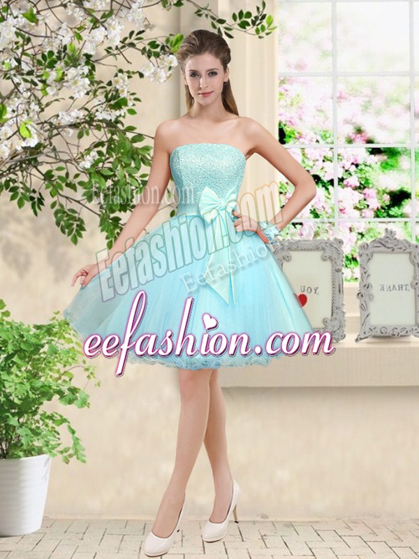 On Sale Aqua Blue A-line Lace and Belt Bridesmaids Dress Lace Up Organza Sleeveless Knee Length