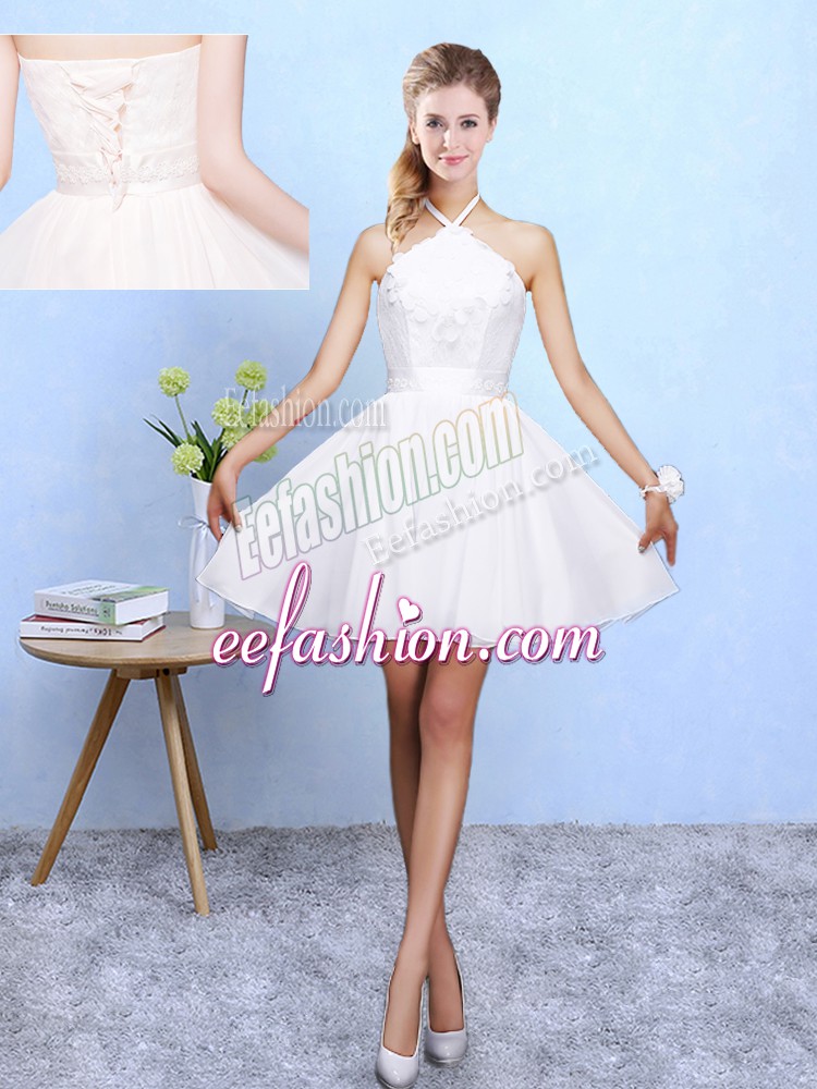 Latest Mini Length Lace Up Wedding Party Dress White for Beach and Wedding Party with Lace and Appliques