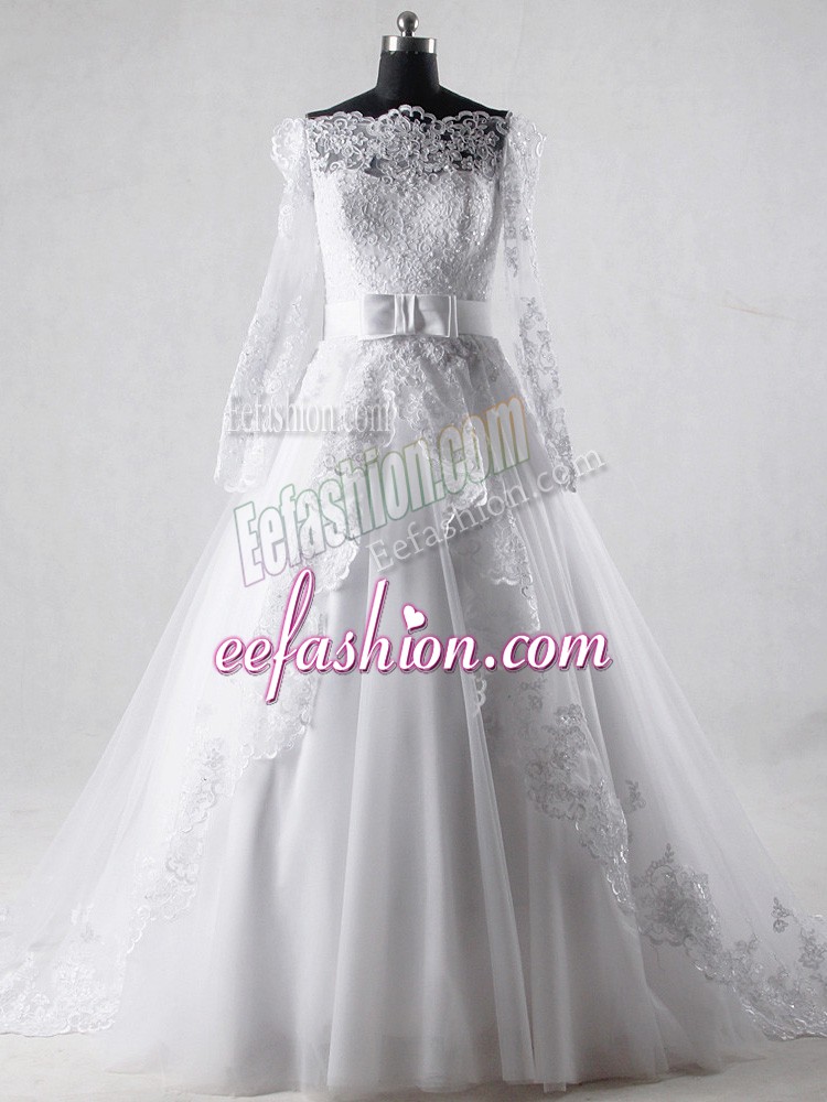  Long Sleeves Lace and Belt Zipper Wedding Gowns with White Brush Train