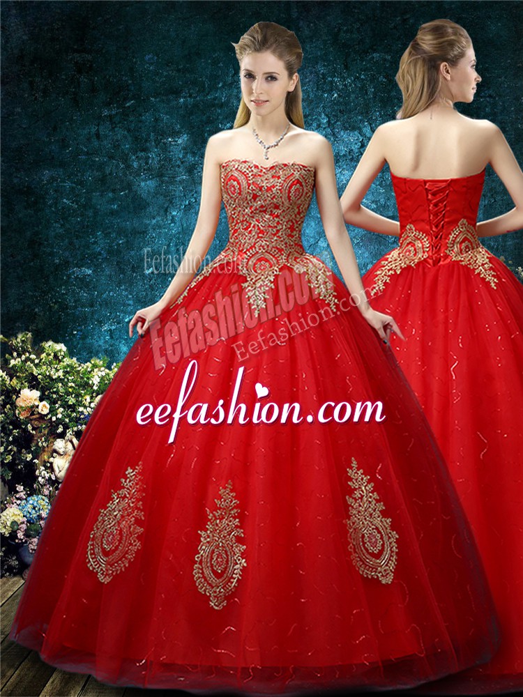  Red Ball Gowns Appliques Wedding Dresses Lace Up Tulle Sleeveless Floor Length