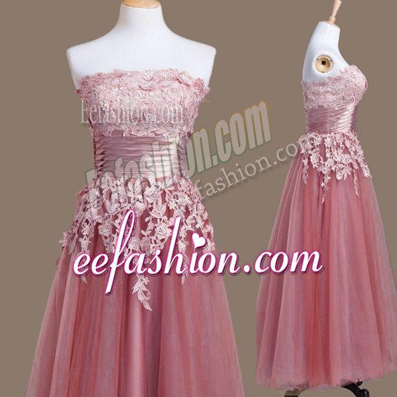Fantastic Pink Wedding Guest Dresses Prom and Party and Wedding Party with Appliques Strapless Sleeveless Lace Up