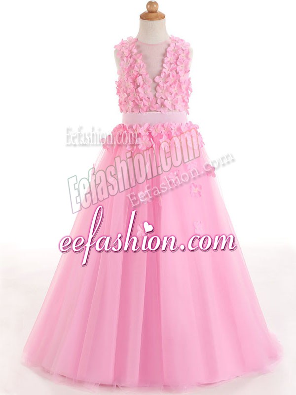  Sleeveless Floor Length Appliques and Bowknot Zipper Little Girls Pageant Gowns with Rose Pink 
