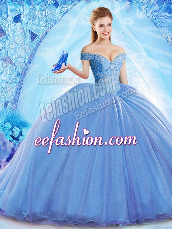 Shining Blue Organza Lace Up Off The Shoulder Sleeveless Quince Ball Gowns Brush Train Beading