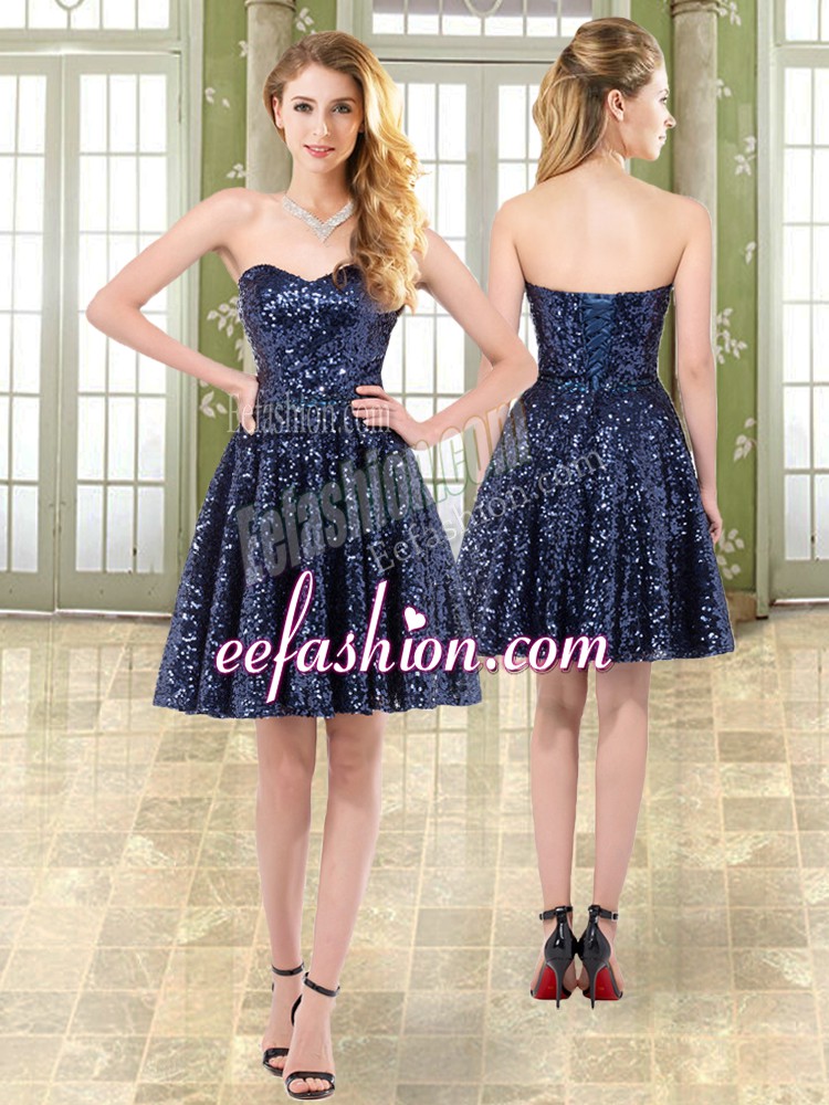  Navy Blue Tulle and Sequined Lace Up Sweetheart Sleeveless Mini Length Prom Evening Gown Beading