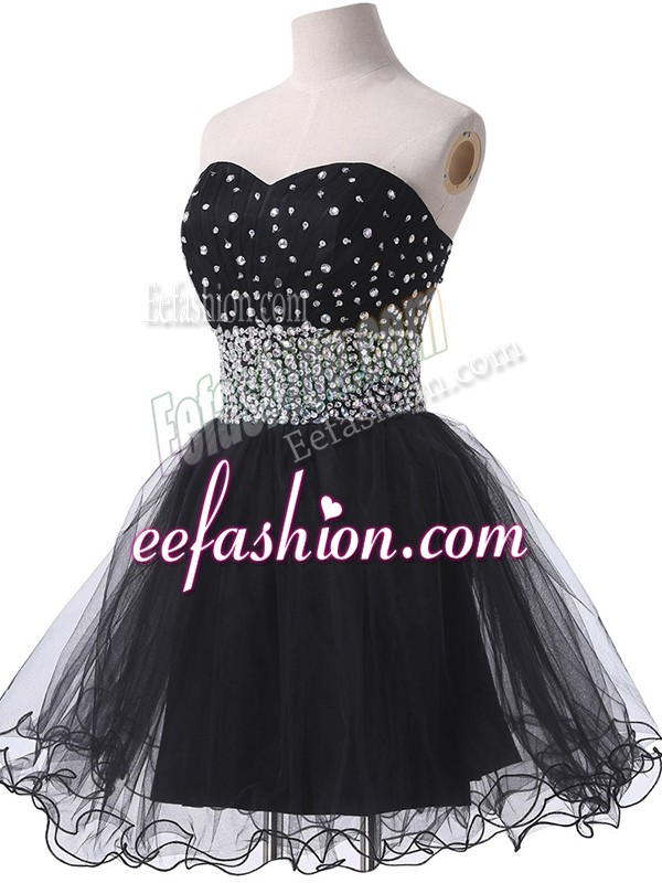  Black A-line Beading Prom Dresses Lace Up Tulle Sleeveless Mini Length