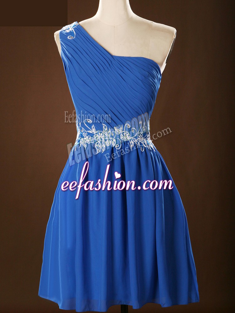  One Shoulder Sleeveless Chiffon Wedding Party Dress Appliques and Ruching Zipper